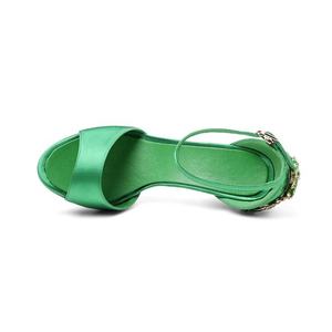 Custom donna tacchi alti cinturino alla caviglia <span class=keywords><strong>sandali</strong></span> a spillo verde nero <span class=keywords><strong>raso</strong></span> Bling decorazione di cristallo in vera pelle festa di nozze - Product Image 2
