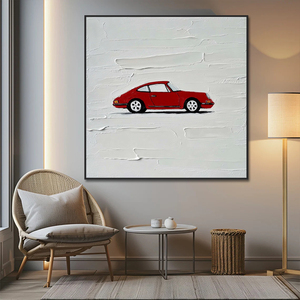 Peinture murale abstraite minimaliste moderne en toile peinte à la main de qualité supérieure, plâtre blanc, texture 3D, art de voiture de sport rouge - Product Image 5
