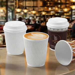 Custom Printed Logo Disposable Ripple Wall Kraft Paper Insulation Hot Cafe Coffee Tea Cup With Lid for Hotel Office Takeaway