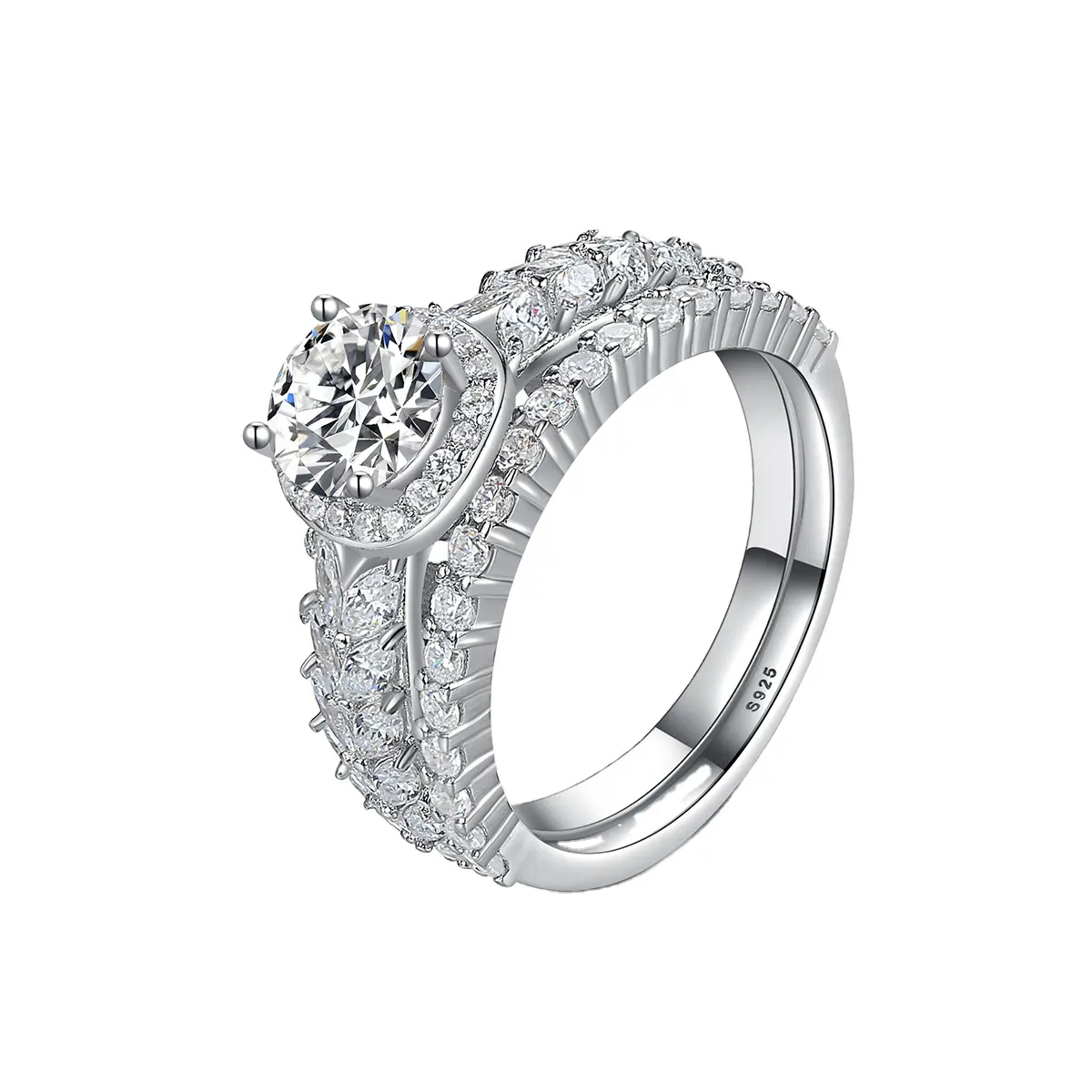 Grosir mewah 100% 925 perak murni pernikahan bulat kubik zirkonia Set cincin perak cincin perhiasan wanita pria