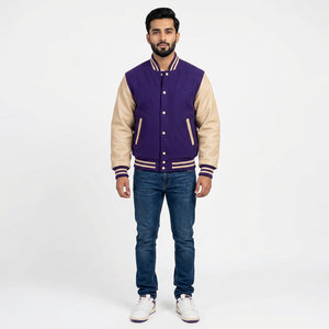 <b>Mens</b> Varsity <b>Jacket</b> Blue Body Beige Sleeves <b>Baseball</b> Letterman <b>Jacket</b> Striped Rib Knit Cuffs Custom College Team Outerwear Stand - Product Image 1
