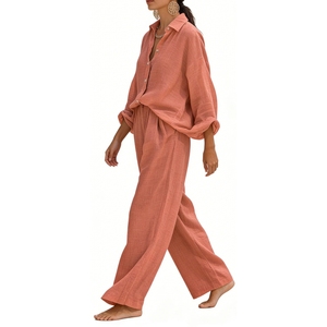 Women's Coral Shirt & Wide-Leg <b>Pants</b> 2 Piece Set - Casual Summer Outfit Breathable Coord Fashion - Product Image 4