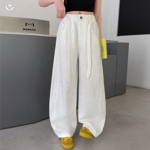 Pantalon à jambes larges pour filles, décoré de strass, en mélange de coton fin anti-moustiques, pour grandes filles, vêtements d'été - Product Image 4