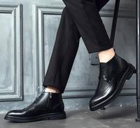 Sepatu Peninggi Badan Pria Model Tersembunyi - Kulit Sapi Hitam Lapisan Mesh Ujung Bulat Model Tali Sepatu Boots Setinggi Mata Kaki
