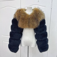 Veste Courte en Fourrure de Renard et de Raton Laveur Double Trame de Luxe de Haute Qualité RX Furs avec Deux Manches Longues en Fourrure pour Femme
