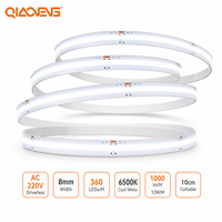 Ruban LED COB sans conducteur AC 220V 8mm 360 LED 1000lm 6500K Blanc Froid IP43 Silicone Lumière Linéaire Sans Soudure pour Plafond et Niche