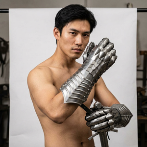 Gothic Steel Gauntlets <b>Silver</b> Plated Armor <b>Gloves</b> Modern Antique Style Embossed Metal Soft Enamel Craft Art Collectible Calvin - Product Image 1