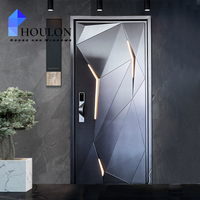 Porte d'entrée double géométrique futuriste avec accent LED, serrure intelligente et sécurité renforcée pour villa