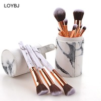 Ensemble de pinceaux de maquillage en marbre en gros, 10 pièces, étiquette privée, fibres synthétiques douces, manche en plastique, sac en PU, seau