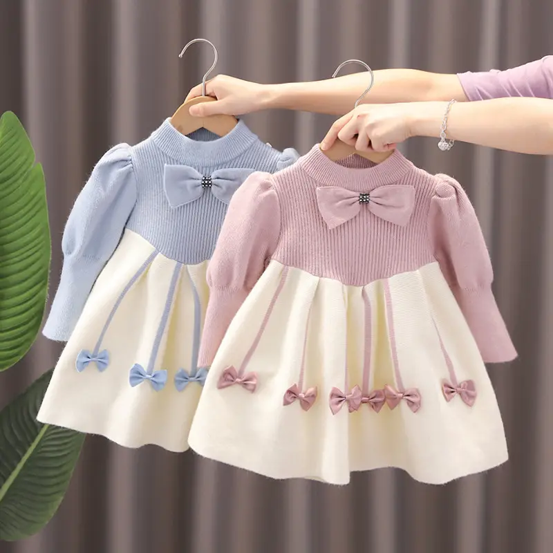 2022 Autumn and Winter New 1 to 5 Years Girls Knit Bowknot Dress Girls Sweater Dress Children's Clothing Knitted Long Skirt