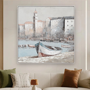 <span class=keywords><strong>Peinture</strong></span> à l'huile moderne de paysage urbain côtier, scène de port peinte à <span class=keywords><strong>la</strong></span> main avec bateaux et mur <span class=keywords><strong>historique</strong></span>, pour <span class=keywords><strong>la</strong></span> décoration intérieure - Product Image 2