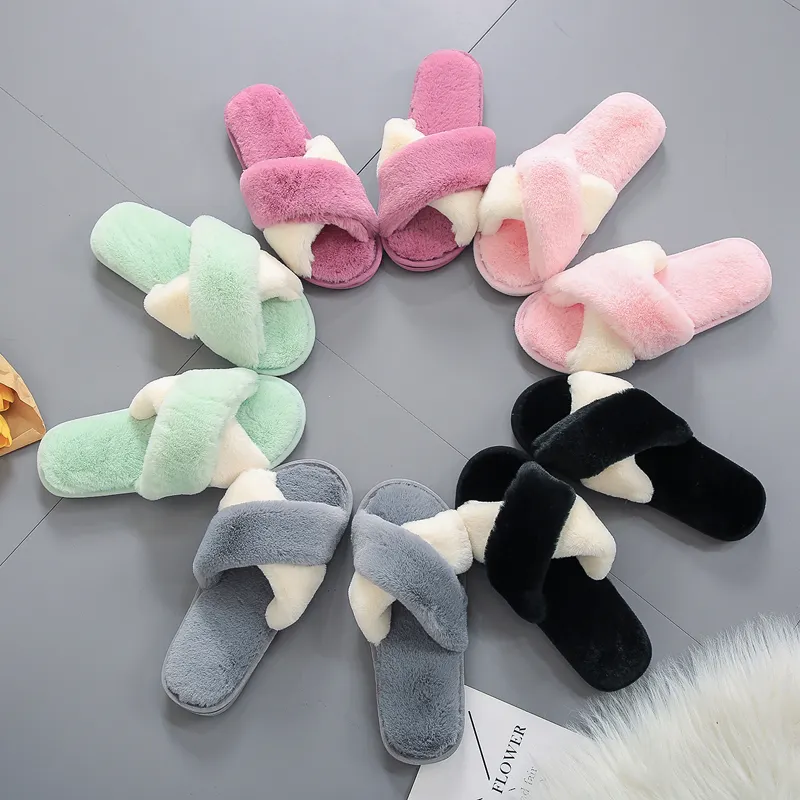 Women House Slippers Warm Faux Fur Ladies Cross Soft Plush Furry Female Open Toe Slides Fashion Shoes