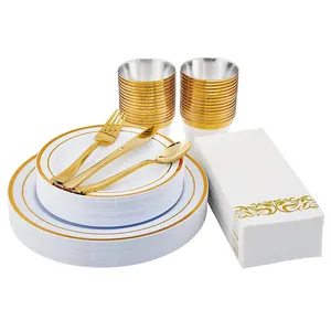 Vajilla dorada elegante para boda, juego de platos de plástico desechables para fiesta, 175 Uds., venta al por mayor