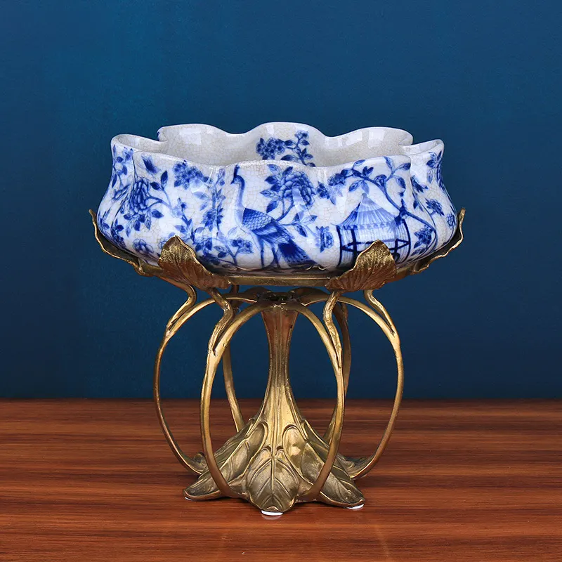Bol de fruits en porcelaine, décoration intérieure, Style chinois, Lotus, bleu et blanc, 1 pièce