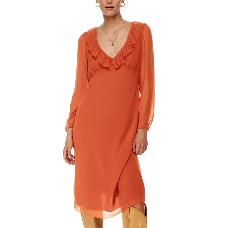 Hot Sale V Neckline Long Sleeves Ruffled Casual Fashion Midi Dress