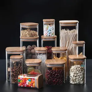 Custom Milieuvriendelijk Borosilicaatglas Stapelbaar Luchtdicht Vierkante Glas Opslag Pot Containers Met Houten Deksel