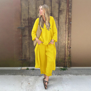 Nuovo modello primaverile da <span class=keywords><strong>donna</strong></span> 2 pezzi per <span class=keywords><strong>camicia</strong></span> Plus Size in cotone <span class=keywords><strong>e</strong></span> <span class=keywords><strong>lino</strong></span> pantaloni larghi a vita alta - Product Image 3