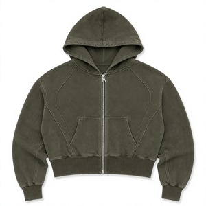 Sweat à capuche zippé court en molleton brossé coton-poly 380 g/m² couleur olive délavée, anti-boulochage, avec poche kangourou et épaules tombantes - Product Image 1