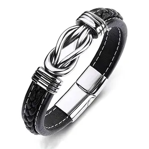 Punk New Black Brown Genuine Leather Love Knot Bracelet For Man Magnetic Clasp Leather Mens Bracelets