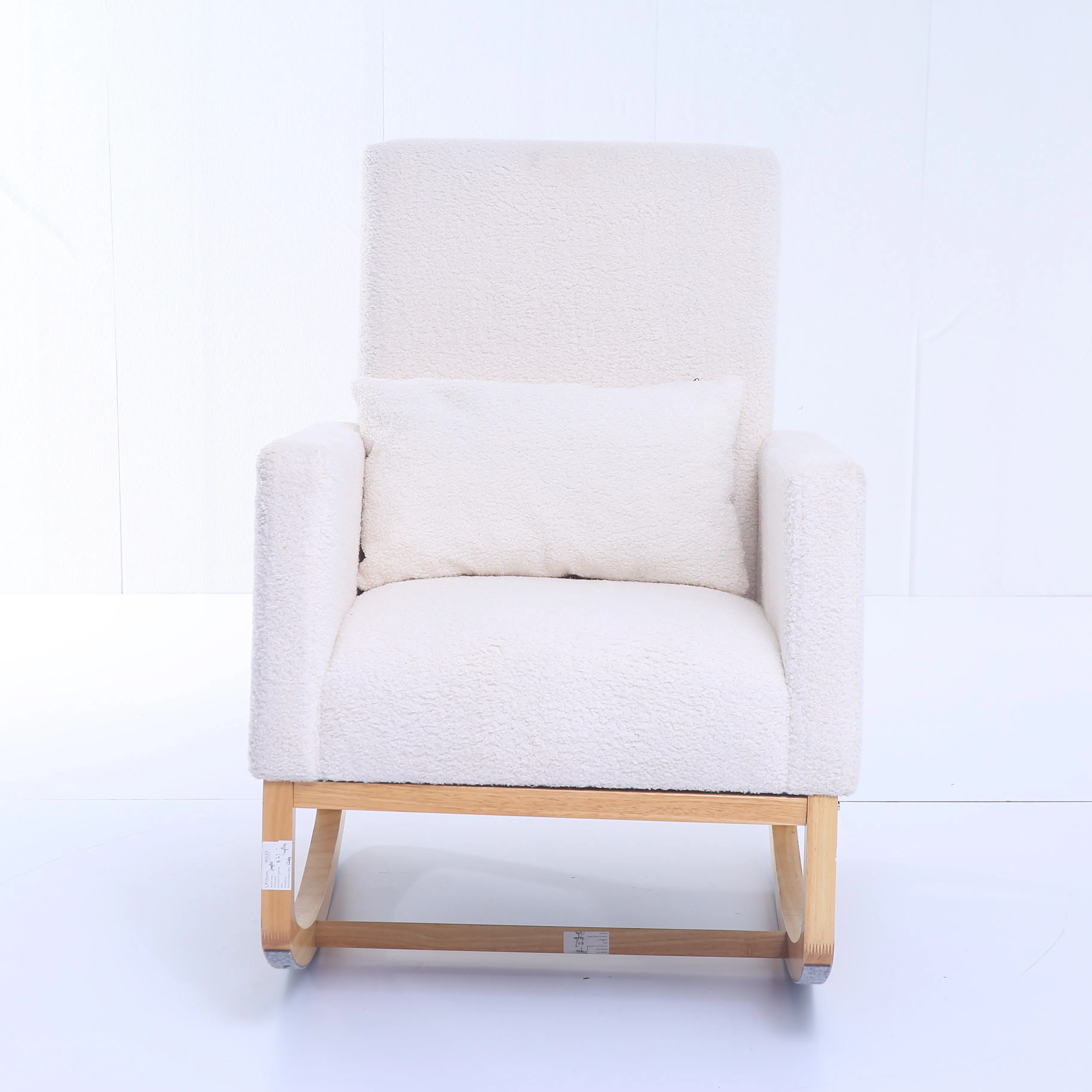 Modern Leisure Chairs Living Room Furniture Wood Base And Teddy Fabric Padded Seat White Upholstered Rocking Armchair