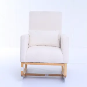 Modern Leisure Chairs Living Room Furniture Wood Base And teddy Fabric Padded Seat White Upholstered Rocking Armchair