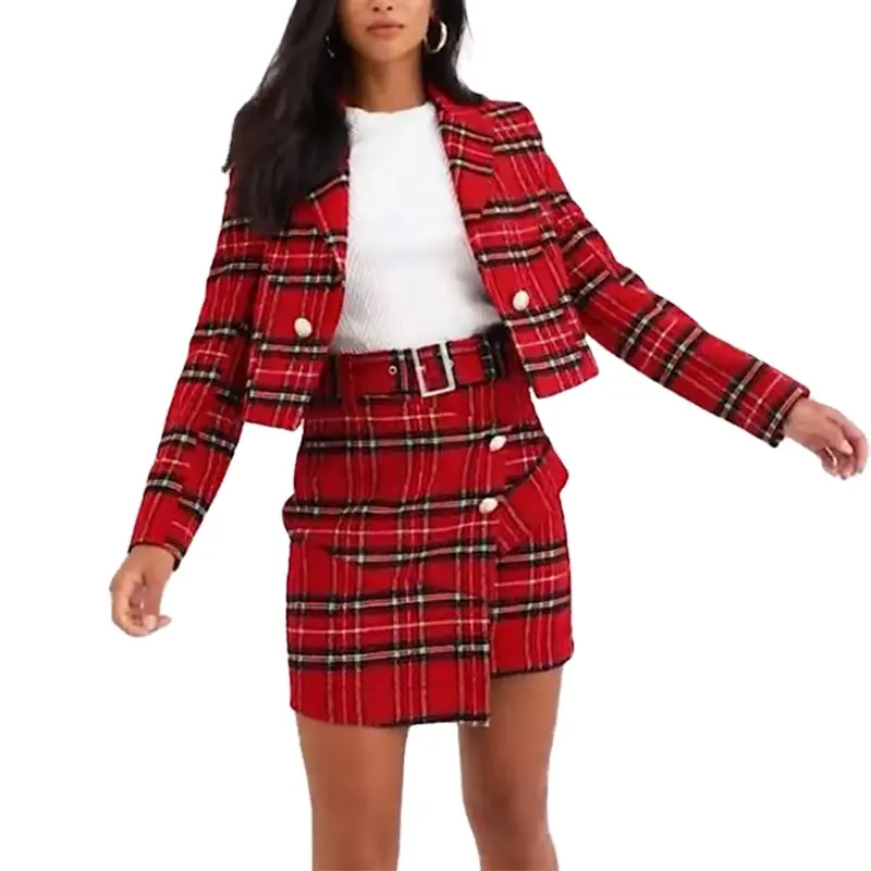New women formal two piece sets- blazer and belted mini skirt in red tartan
