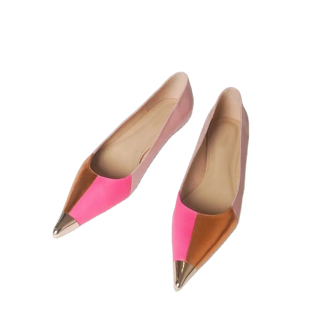 2023 scarpe singole in pelle fondo piatto colore oro rosa brillante contrasto metallo punta a punta bocca superficiale scarpe basse