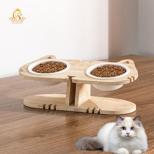 EUR VET Deft Design Ahşap Seramik Yüksek Kedi Mama Kabı Seti Yuvarlak Çift Kaseli Pilli Çevre Dostu <span class=keywords><strong>Stand</strong></span> Kediler ve Köpekler İçin - Product Image 1