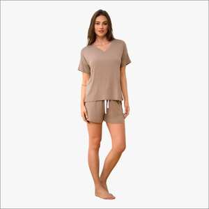 Ensemble de pyjama en coton tricoté pour femmes, personnalisable, respirant, manches courtes, vêtements de nuit pour femmes - Product Image 1