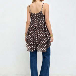 Camisola de Chifón con Cuello en V y Estampado de Puntos para Mujer, con Volantes y Tirantes, Blusa sin Mangas de Verano, OEM, Impresión Personalizada, Disponible en Stock - Product Image 3
