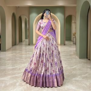Dola Chex Floral Printed with Zari Weaving Work Wrinkle Free Stretchable Diwali Lehenga Choli - Product Image 1