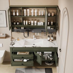 American style Green Bathroom Vanity With LED <b>Mirror</b> Display 60 In MDF Cabinet Ceramic Sink Floor Standing Rectangular Design - Product Image 5