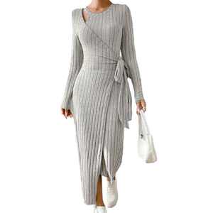 2024 nouveau automne femmes européennes et américaines col rond couleur unie à manches longues à lacets taille robe tricotée - Product Image 5