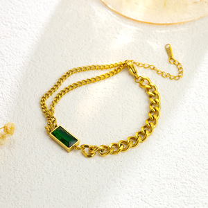 PVD Gold Plated Stainless Steel Bold Geometric Jewelry Set with Green Rectangle Stone and Double Cuban <b>Chain</b>|Retro Statemete - Product Image 4