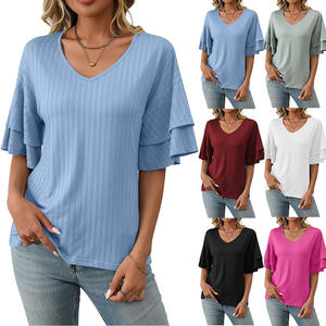 Camiseta de Manga Corta con Cuello en V y Manga de Hoja de Loto, Informal, Holgada, Suave, de Color Sólido para Mujer, Primavera Verano - Product Image 2