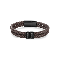 Pulsera de Cuero Trenzado Negro Doble con Cuentas Multitubo Grabadas Personalizadas, Brazalete de Acero Inoxidable con Nombre de Familia y Fecha