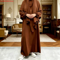 Khimar de una sola capa de tela crepé suave y transpirable de color puro con conjunto de abaya del mismo color para la oración del Eid para mujeres