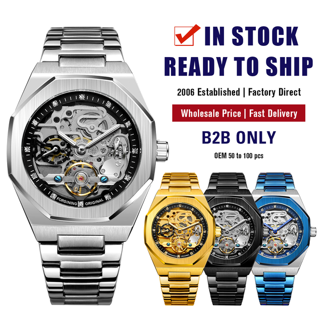 China Factory Top Sale Forsining Brand Watch Stainless Steel Strap OEM Luxury Automatic Mechanical Men Skeleton Wrist Watches