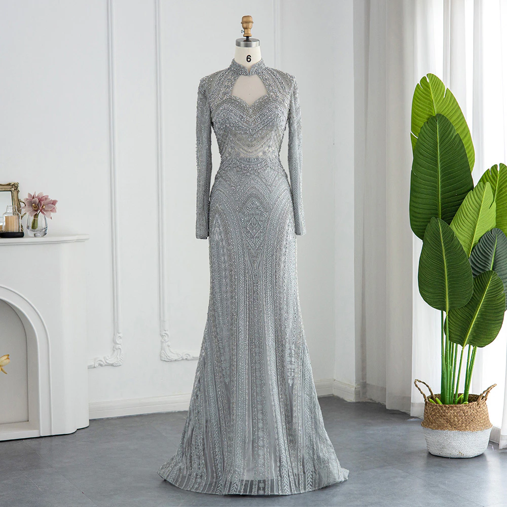 slim fit dress slacks Mermaid Prom Dress with Detachable Overskirt,Long Sleeves Prom Dress,V main image 0