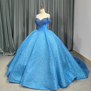 Jancember DY6628 gaun pesta wanita, desain baru biru ukuran besar bahu terbuka gaun bola payet mewah untuk gaun malam wanita