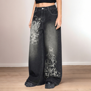 Jeans Baggy Vintage con Stampa Floreale, Vita Bassa, Gamba Dritta, Denim Scuro, Stile Streetwear Casual per Uso Quotidiano - Product Image 3