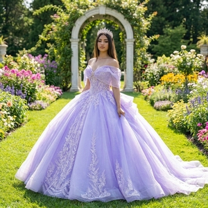 Vestido de Quinceañera Dy1536 Lavanda con Lentejuelas en los Hombros, Apliques de Gasa, Largo hasta el Tobillo, con Bordado Floral - Product Image 1
