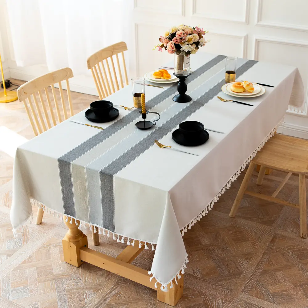 Taplak Meja Linen Persegi Panjang Tebal Pinggiran Dekorasi Garis Sederhana Silang Cocok untuk Dekorasi Meja Pernikahan