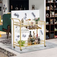 Chariot à bar doré à double couche avec roulettes, porte-bouteilles de vin, porte-verres, chariot de salon, salle à manger, cuisine