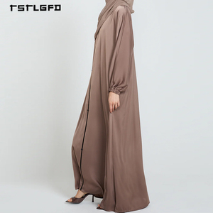 Robe Abaya de Luxe Effet Soie à Rayures Verticales Rose Poudré Manches Longues Col Montant Modeste Musulmane Printemps Minimaliste Élégante - Product Image 4