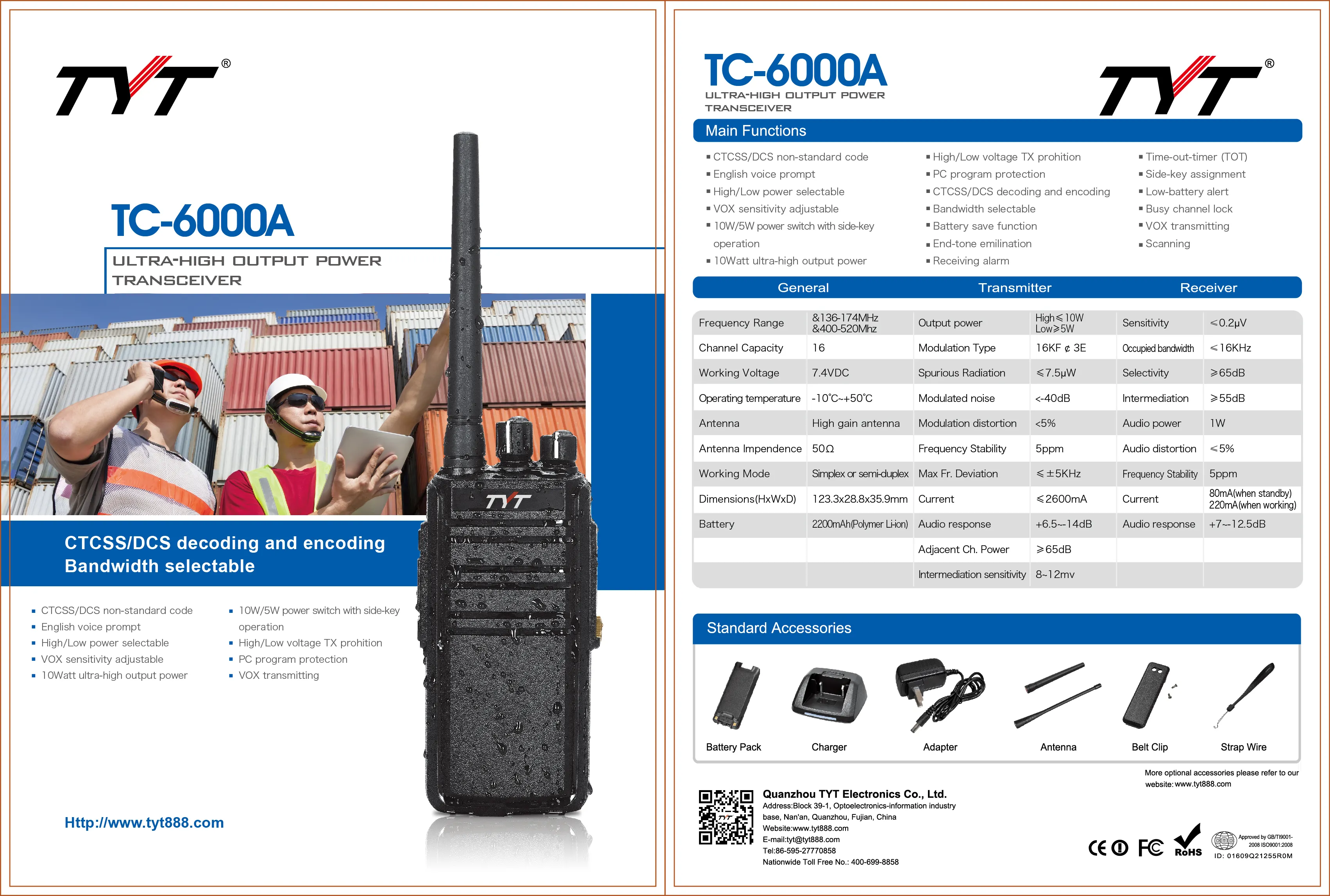 TYT TC-6000A 10 W 3600 mAh capacidade da bateria IP67 rádio à prova d'água rádio walkie talkie de longo alcance rádio de 2 vias