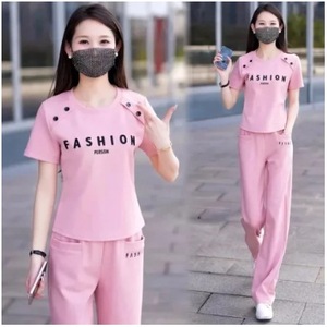 Women's Gray Casual Two-Piece Set Short Sleeve Top Straight Leg Pants Polyester Knitted Sportswear Summer Outfit - Product Image 4