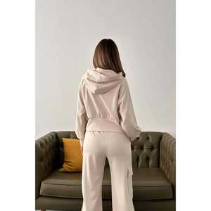 Conjunto de Sudadera con Capucha Beige y Pantalones Cargo para Mujer, Felpa, Casual, Manga Larga, Transpirable - Product Image 1