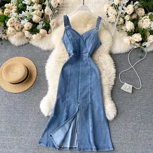 Riem Vierkante Kraag Effen Spaghetti Slip Dress Zomer Split Denim Hoge Taille Knielengte Jurk Dames Elegante Jurken