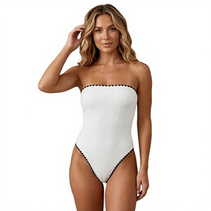 Women White Crinkle Bandeau One Piece Swimsuit Black Scallop Edge <b>Trim</b> Strapless High Cut Beach <b>Bathing</b> Suit Wholesale Swimwear - Product Image 1